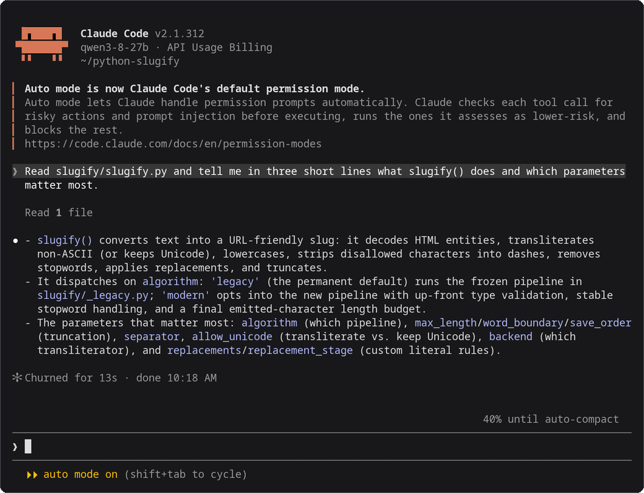 Claude Code 2.1.312 reading a file and answering, with Qwen3.8-27B on a TPU v6e-1