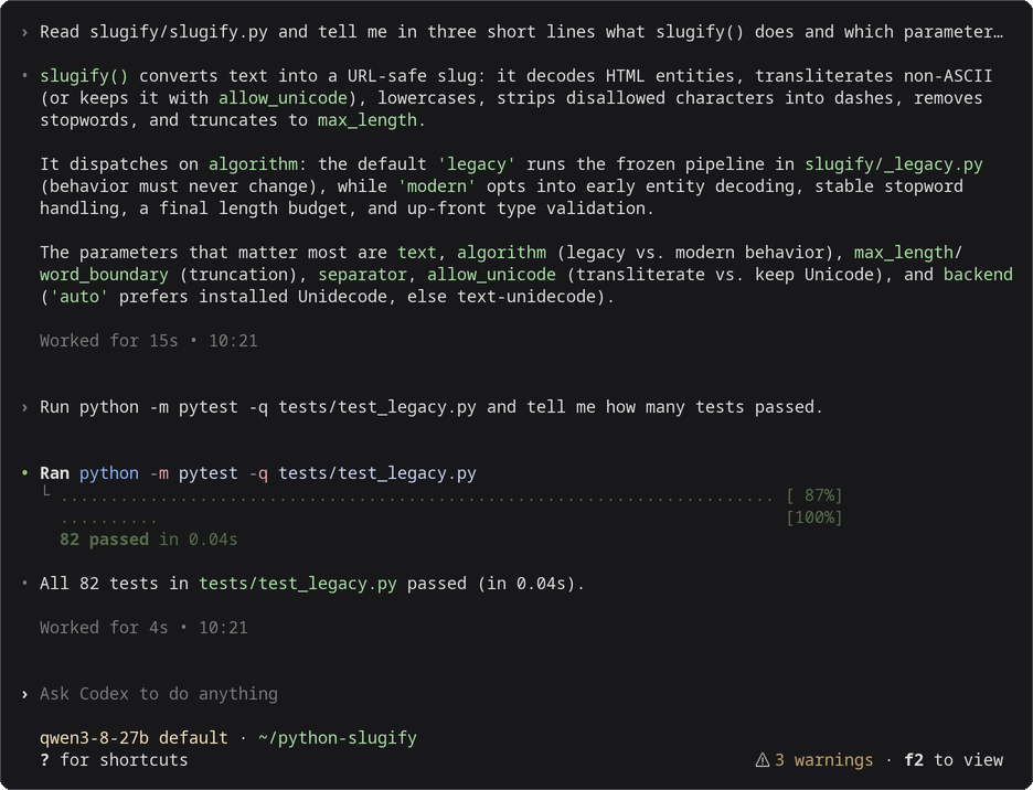 Codex CLI 0.165.0 answering and running the tests, with Qwen3.8-27B on a TPU v6e-1
