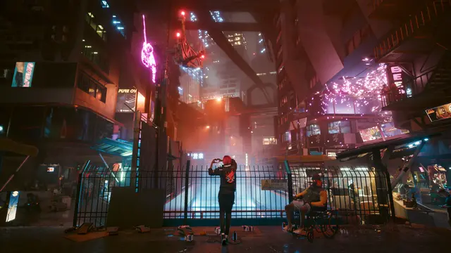 Cyberpunk 2077: a neon street in Night City