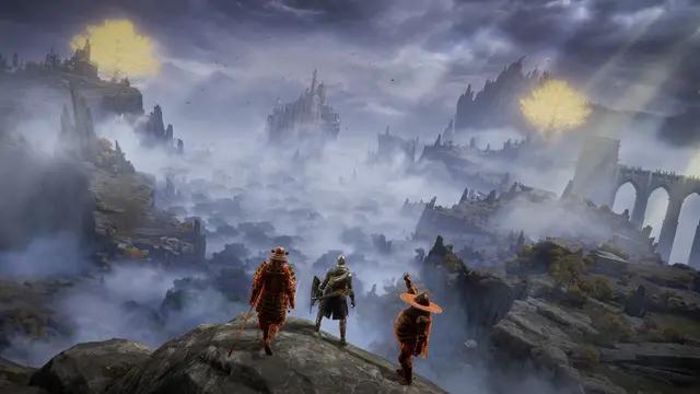 Elden Ring: three travellers above the misty Lands Between