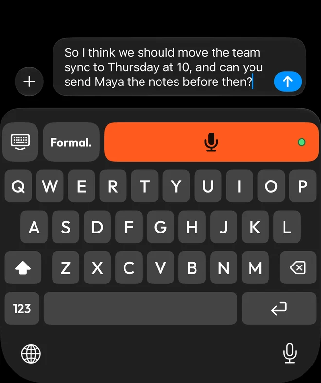 The Free Flow keyboard on iPhone, with dictated words in the message field