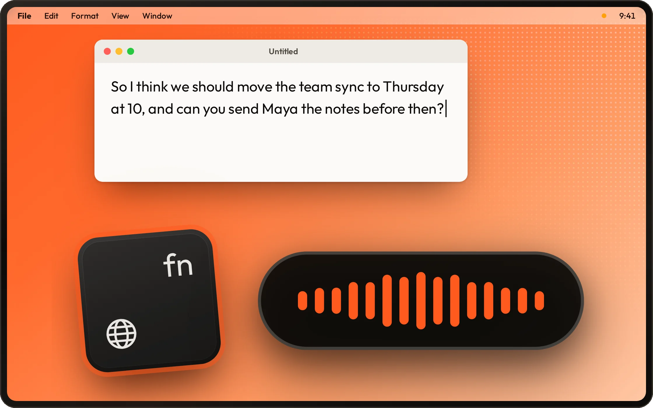 The fn key and the Free Flow pill on a Mac desktop, with dictated words in a notepad window